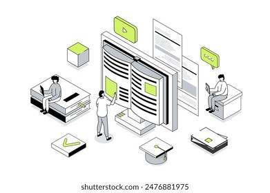 Modern education 3d isometric concept in outline isometry design for web. People reading e-books and digital textbook, learning at digital classroom, watching video lectures. Vector illustration.