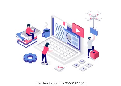 Modern education 3d isometric concept in geometry graphic design for web. People learning distantly at study courses by laptop, reading digital textbooks and watching videos. Vector illustration.