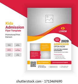 Modern Education Admission Flyer Design Layout with Graphic Elements with Red Color. Kid School Flyer, Information template with Kids education theme, Back to school flyer design