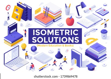 Modern Education and Books set - textbooks, notebooks, students or pupil, laptop for distance learning. Collection of isometric design elements isolated on white background. Vector illustration.