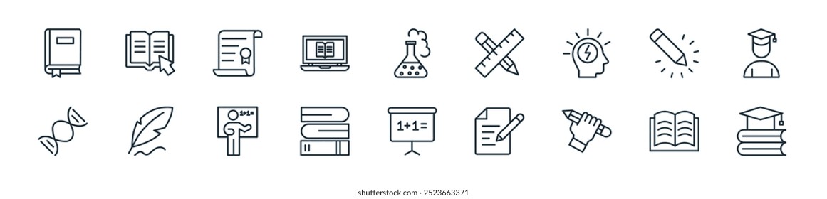 modern education collection icon pack. perfect for linear ui designs featuring vector education, open book, edit, story telling, board, books, mathematics and more icons for mobile and web apps.