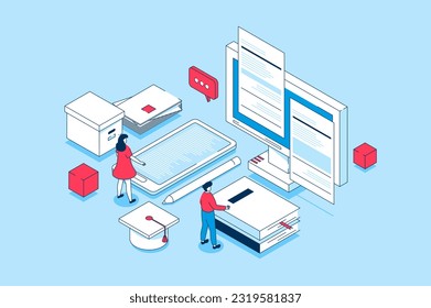 Modernes Bildungskonzept in 3D-isometrischem Design. Menschen, die im digitalen Klassenzimmer lernen, E-Bücher lesen, Webinare und Videollektionen ansehen. Vektorgrafik mit Isometrie-Szene für Web-Grafik