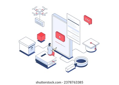 Modern education concept in 3d isometric design. Student watching tutorials or video lectures in mobile app, learning at home online. Vector illustration with isometry people scene for web graphic