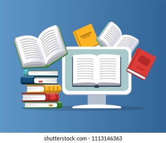 Modern education concept. Computer with the flying books on the background.
E-books, internet courses and graduation process. Vector illustration in flat style.