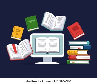 Modern education concept. Computer with the flying books on the background.
E-books, internet courses and graduation process. Vector illustration in flat style.