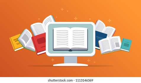 Modern education concept. Computer with the flying books on the background.
E-books, internet courses and graduation process. Vector illustration in flat style.