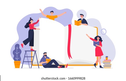 Modern education concept. Flat Vector design with people study and read books can be used by libraries, book fairs, stores or schools.