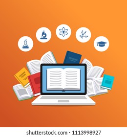 Modern education concept. Science icons and Laptop with flying books on the background. E-books, internet courses and graduation process.