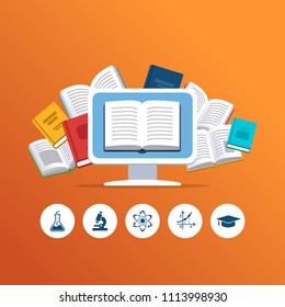 Modern education concept. Science icons and computer with flying books on the background. E-books, internet courses and graduation process.