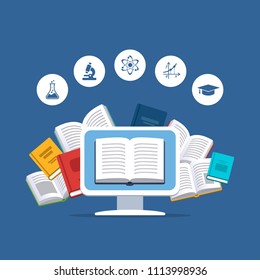 Modern education concept. Science icons and computer with flying books on the background. E-books, internet courses and graduation process.