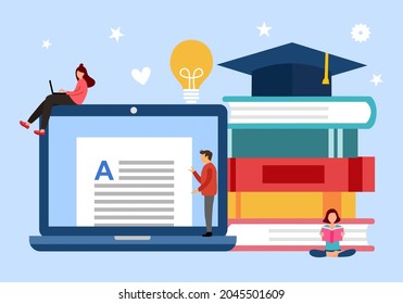 Modern education concept vector illustration. Laptop computer, stack of books, graduation hat in flat design. University life. Knowledge and wisdom.