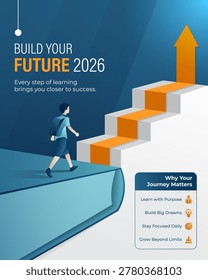 Modern education and future growth poster design with student walking on book stairs toward success arrow, motivational learning concept, career growth, knowledge, achievement, and academic journey illustration.