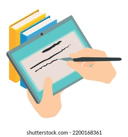 Modern education icon isometric vector. Tablet in human hand on book background. Education concept, contemporary technology