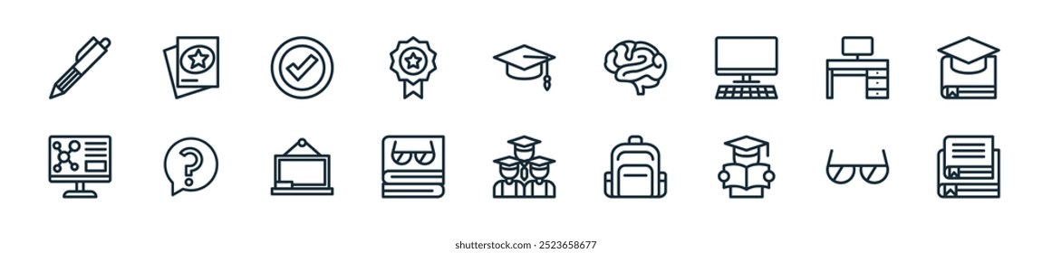 pacote de ícones de educação moderna. perfeito para projetos de ui lineares com livros vetoriais, óculos, estudante, saco escolar, classe, tempo de estudo, quadro-negro e mais ícones para aplicativos móveis e da web.