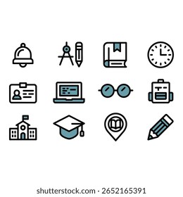 Modern Education Icons Backpack Laptop Clock Book Graduation Cap School Building ID Card Pencil Glasses Bell Compass