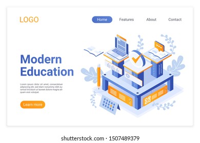 Modern education isometric landing page template. Using computer technologies in studies. E-learning, distance education opportunities. Innovative teaching approach website page design layout.
