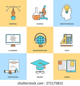 Modern education line icons set in flat design for web site development, mobile applications, banners, corporate brochures, book covers, layouts etc. Vector eps10 illustration