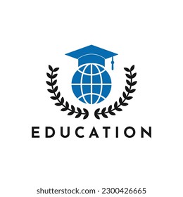 Plantilla de diseño del logotipo de educación moderna con laurel de símbolo, sombrero y globo