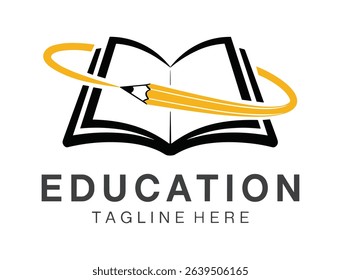 Modern Education Logo with Open Book and Pencil Arc Vector