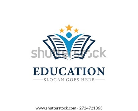 Modern Education Logo with Open Book, Human Figure and Stars