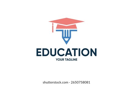 Modern education logo with pencil and graduation cap design, ideal for schools, e-learning platforms, academic institutions, or tutoring services.