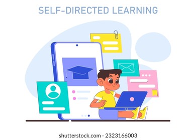 Modern education methodic. Self education. Student gaining a multidisciplinary knowledge studying by materials in the internet. Flat vector illustration