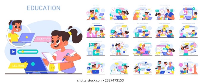 Modern education methodics set. Online educational ecosystem and digital technologies. Multidisciplinary and lifelong knowledge gaining for children potential development. Flat vector illustration