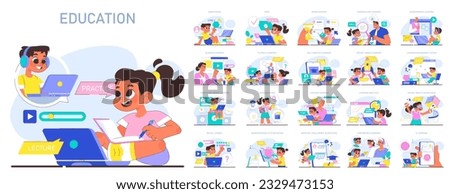 Modern education methodics set. Online educational ecosystem and digital technologies. Multidisciplinary and lifelong knowledge gaining for children potential development. Flat vector illustration