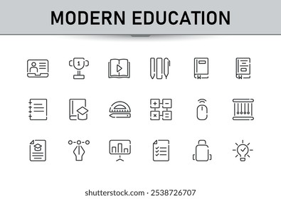 Moderne Bildung minimalistische lineare Ikonensammlung. Umfasst schlanke Diplom, Lehre, Abschluss, Wissen, E-Book, Universität und mehr. Gliederungssymbolpaket. Vektorsymbole editierbarer Strich.