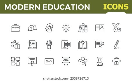 Moderne Bildung minimalistische lineare Ikonensammlung. Umfasst schlanke Diplom, Lehre, Abschluss, Wissen, E-Book, Universität und mehr. Gliederungssymbolpaket. Vektorsymbole editierbarer Strich.