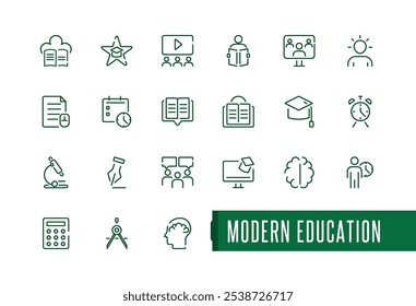 Moderne Bildung minimalistische lineare Ikonensammlung. Umfasst schlanke Diplom, Lehre, Abschluss, Wissen, E-Book, Universität und mehr. Gliederungssymbolpaket. Vektorsymbole editierbarer Strich.