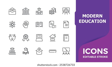 Moderne Bildung minimalistische lineare Ikonensammlung. Umfasst schlanke Diplom, Lehre, Abschluss, Wissen, E-Book, Universität und mehr. Gliederungssymbolpaket. Vektorsymbole editierbarer Strich.