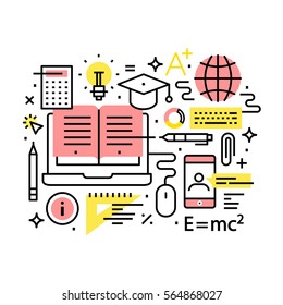 Modern education and online learning concept collage. Modern thin line art icons. Linear style illustrations isolated on white.