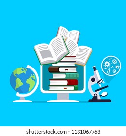 Сoncept of modern education. Online library on a computer screen, globe, microscope and flying books. Flat design.
