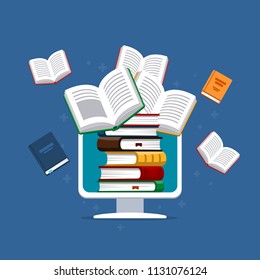 Сoncept of modern education. Online library on a computer screen and flying books. Flat design.