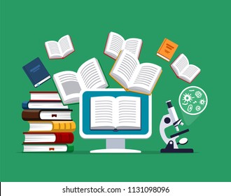 Сoncept of modern education.
Online library on a computer screen, microscope and flying books. Observation of microbes. Flat design.