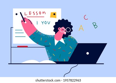 Modern education online remotely concept. Cheerful young woman teacher sitting pointing to blackboard and explaining rules of english language online vector illustration 