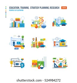 Modern education, research and analysis of studies, school of foreign languages, information technology, communications icons set over white background. Colorful flat illustrations.