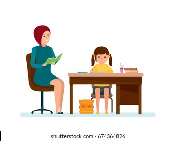 Modern education in school. Concept of home training. Mom checks the homework of her daughter, the girl does the lessons sitting at the table, at home. Vector illustration isolated in cartoon style.