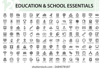 Conjunto de iconos de línea de educación moderna y elementos esenciales de la escuela con estudio, ciencia, graduación, libros, papelería, herramientas de aprendizaje y símbolos académicos.