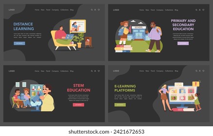 Modern education set. Various people study. Engaging scenes of distance learning, e-learning platforms, and online courses, illustrating versatility of contemporary education. Flat vector illustration
