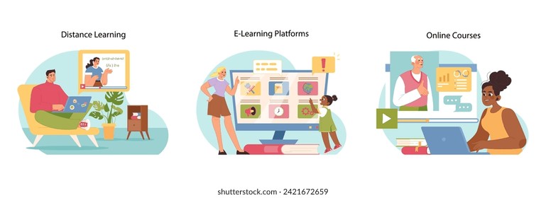 Modern education set. Various people study. Engaging scenes of distance learning, e-learning platforms, and online courses, illustrating versatility of contemporary education. Flat vector illustration