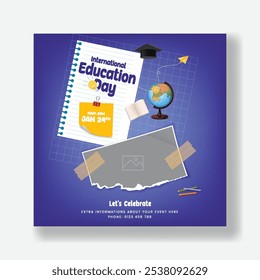 Modern education social media post banner ad template for  International Day of Education square flyer, suitable for school admission, online learning course social media post design