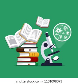 Сoncept of modern education. Stack of books and microscope. Observation of microbes. Flat design.