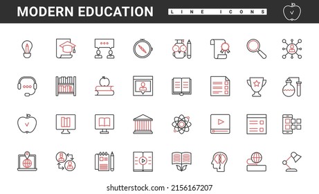 Modern Education Technology Thin Red And Black Line Icons Set Vector Illustration. Abstract Data Science Documents, Computer, Digital Lessons And Library With List Of Online Books For Students Study