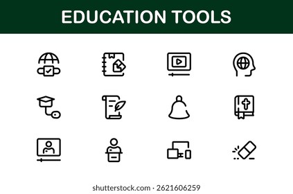 Modern Education Tools Icon Set Vector Illustration. Featuring Essential Symbols for Learning, Teaching, and Study to Enhance for Educational Projects.