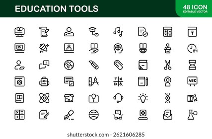 Modern Education Tools Icon Set Vector Illustration. Featuring Essential Symbols for Learning, Teaching, and Study to Enhance for Educational Projects.