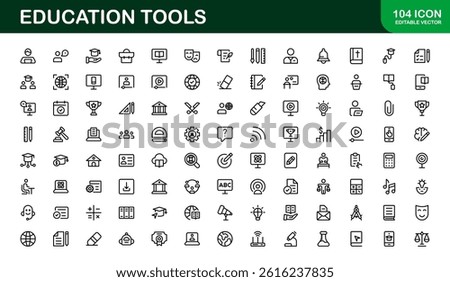 Modern Education Tools Icon Set Vector Illustration. Featuring Essential Symbols for Learning, Teaching, and Study to Enhance for Educational Projects.
