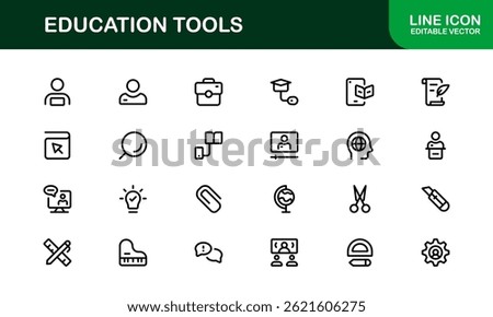 Modern Education Tools Icon Set Vector Illustration. Featuring Essential Symbols for Learning, Teaching, and Study to Enhance for Educational Projects.