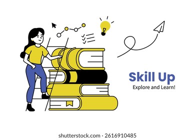 Modern Education and Training Courses Concept. Flat Vector of Woman Climbing Book Stack for Knowledge, Learning, and Self-Improvement